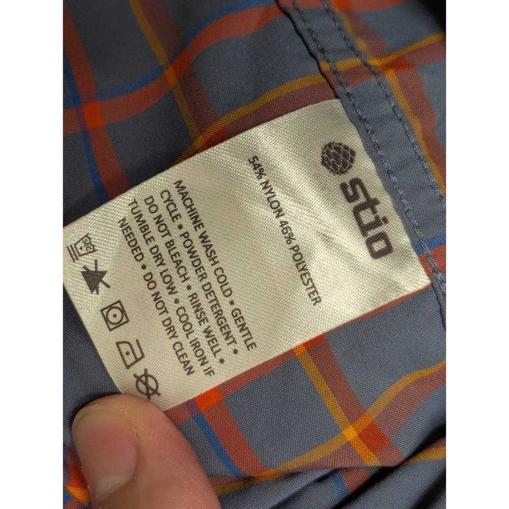 Stio Pearl Snap Shirt Mens Large Blue Orange Plaid Short Sleeve Hiking #2338